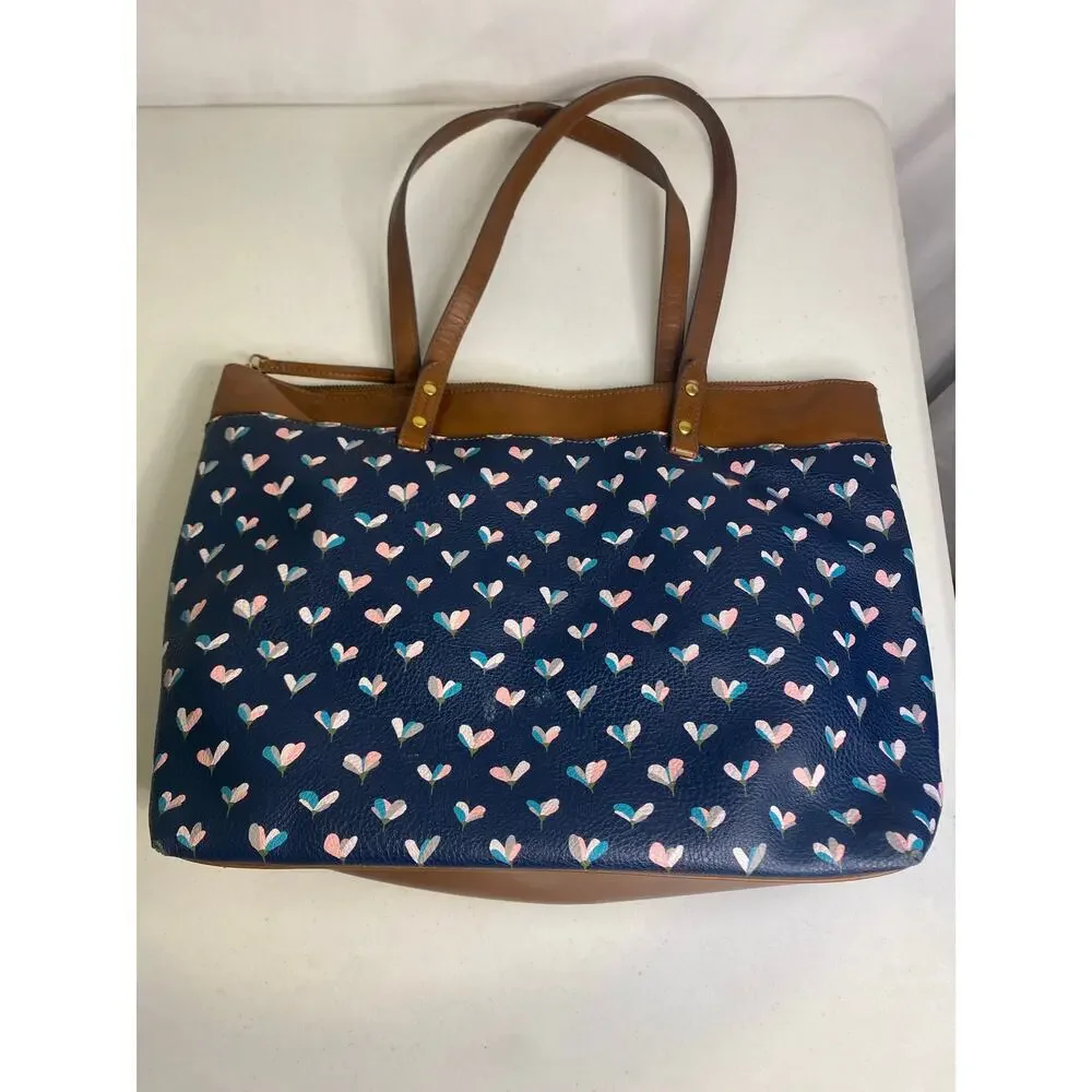 Fossil Anna Blue Heart Large Shoulder Tote Bag Leather Preppy Collegiate - Picture 2 of 14